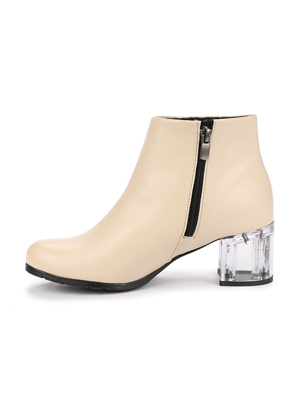 Bej Deri Görünümlü Fermuarlı Topuklu Kadın Bot-4