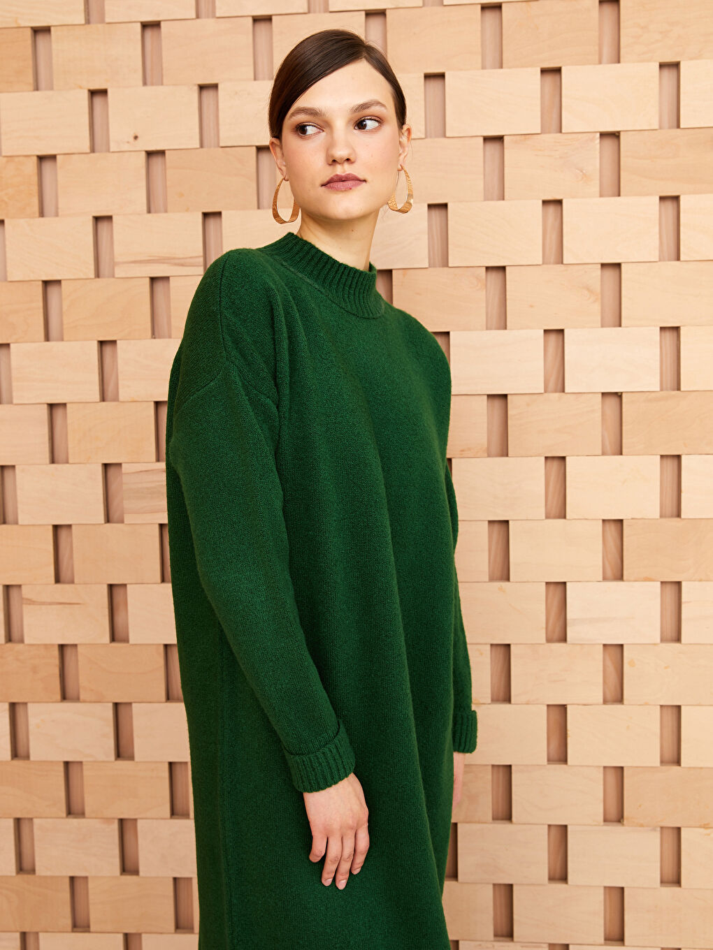 Yeşil Yarım Balıkçı Yaka Oversize Kadın Triko Elbise-1