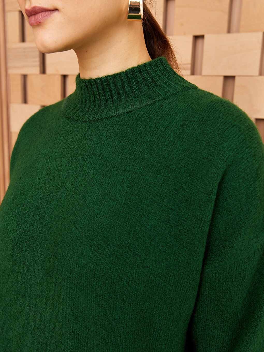 Yeşil Yarım Balıkçı Yaka Oversize Kadın Triko Elbise-3