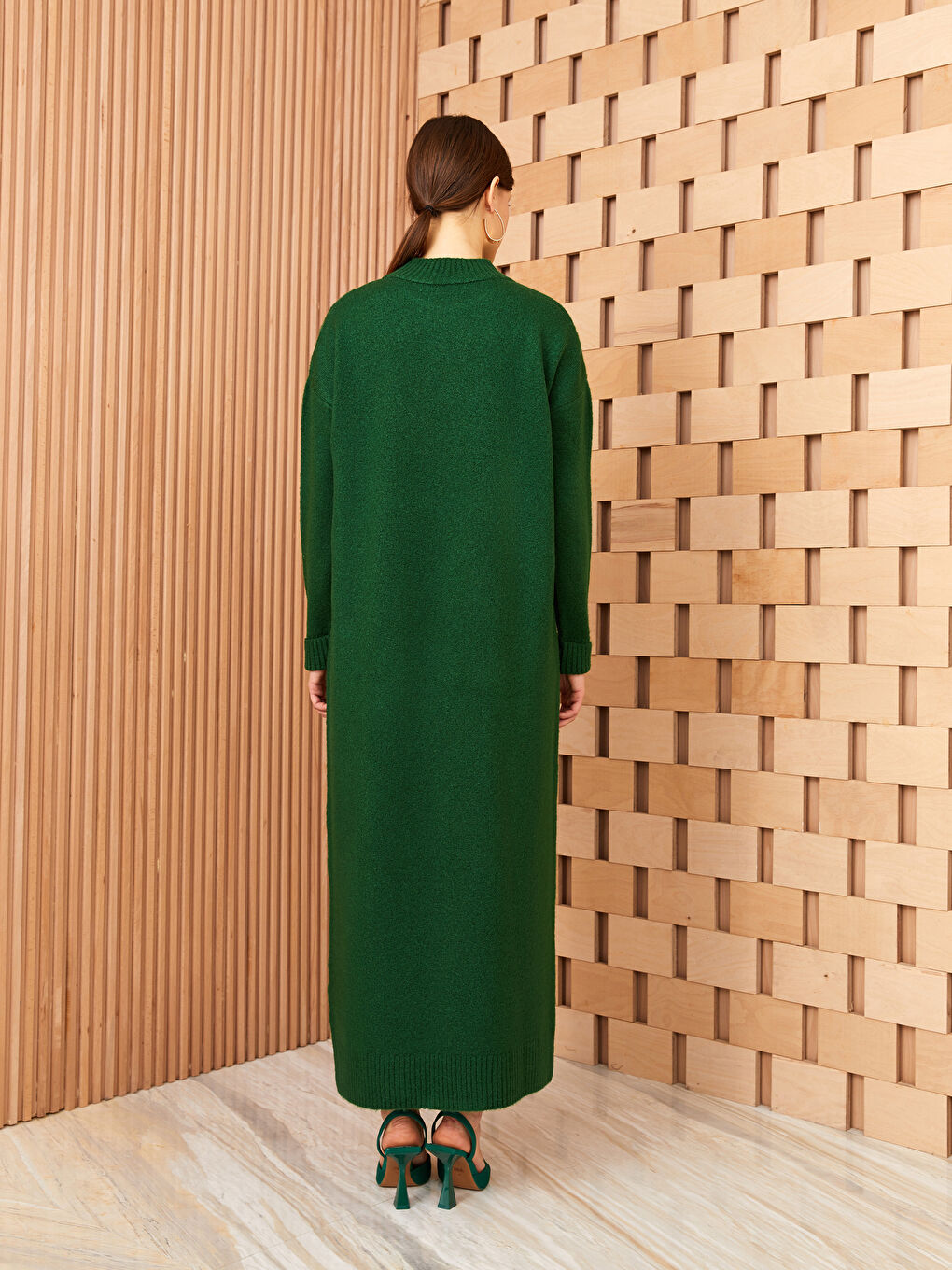 Yeşil Yarım Balıkçı Yaka Oversize Kadın Triko Elbise-4