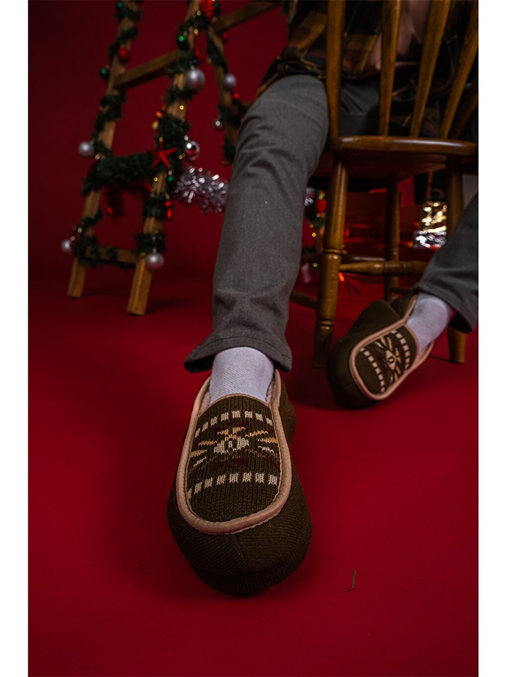 Haki Etnik Desenli Erkek Ev Ayakkabısı-2