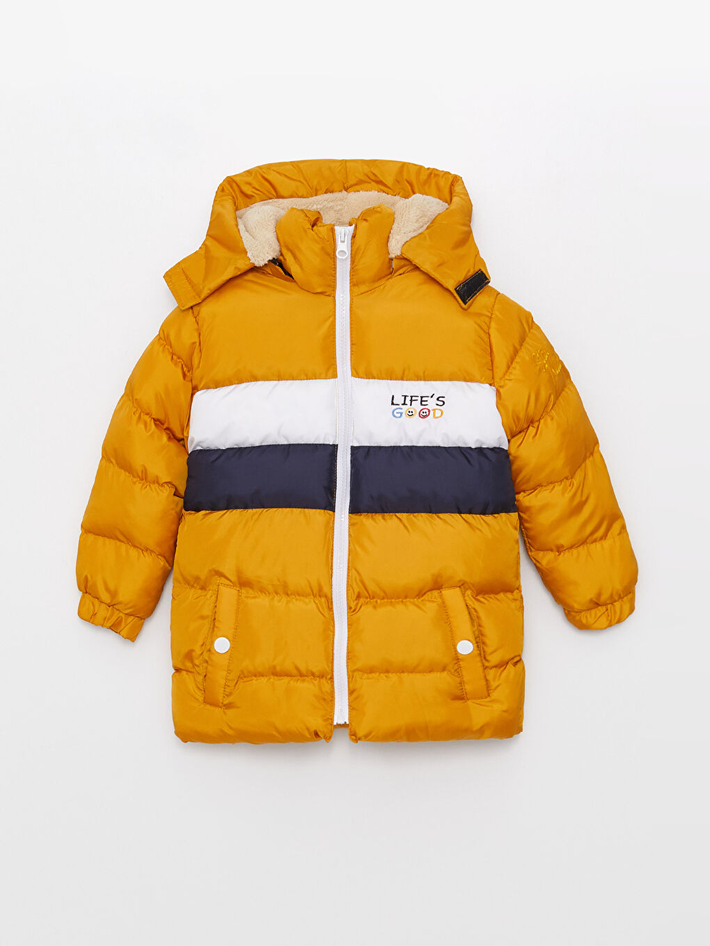 Kahverengi Kapüşonlu Uzun Kollu Nakış Detaylı Erkek Bebek Mont