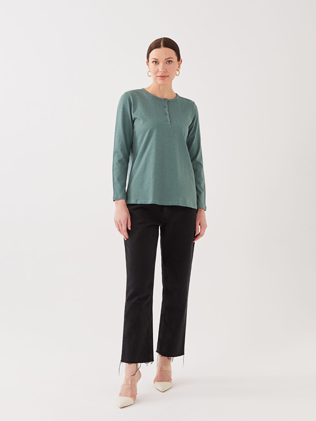 Yeşil Kadın Bisiklet Yaka Nakışlı Uzun Kollu Bluz-2