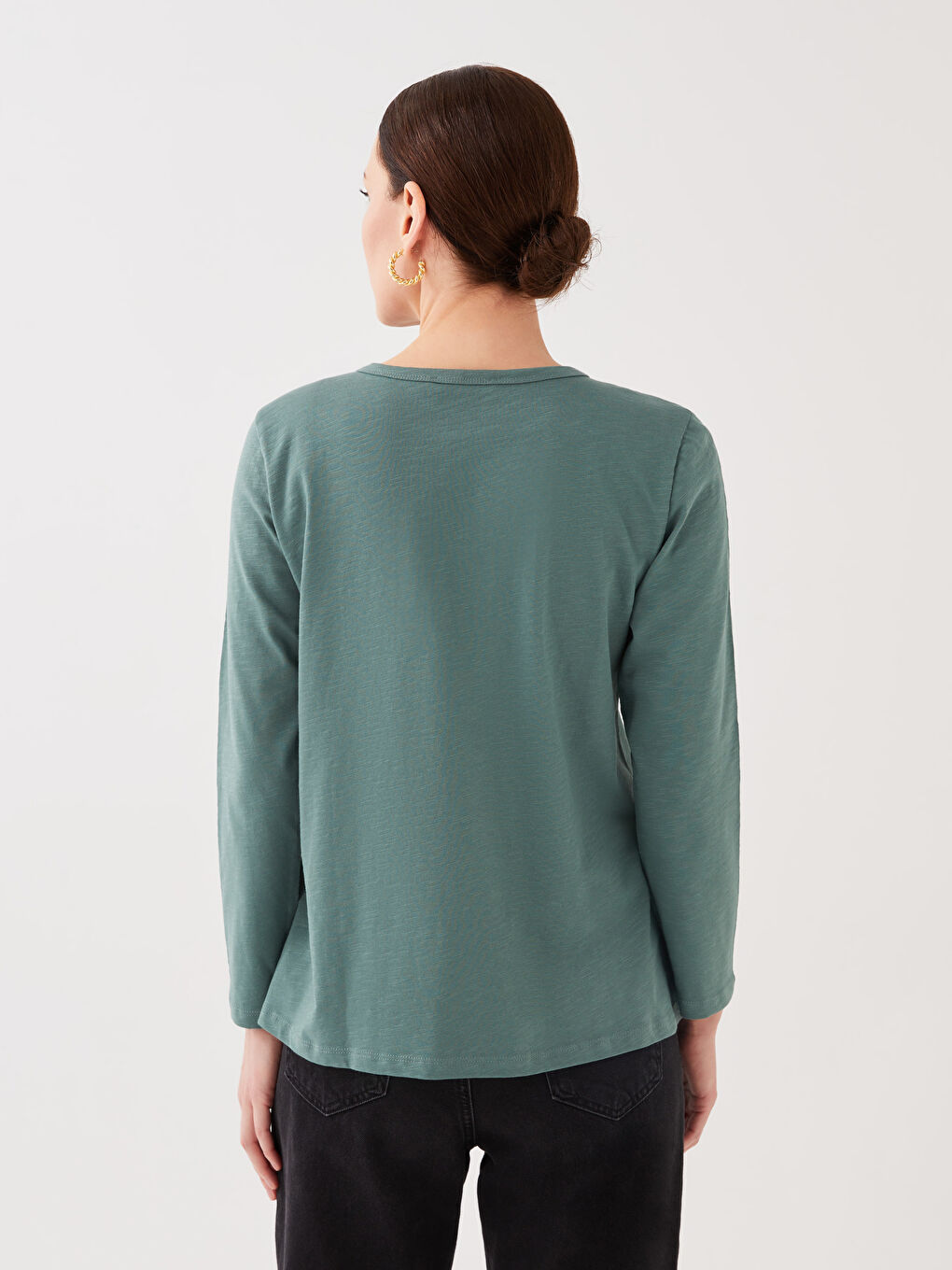 Yeşil Kadın Bisiklet Yaka Nakışlı Uzun Kollu Bluz-4