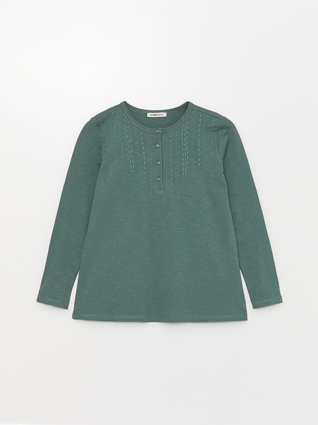 Yeşil Kadın Bisiklet Yaka Nakışlı Uzun Kollu Bluz-5