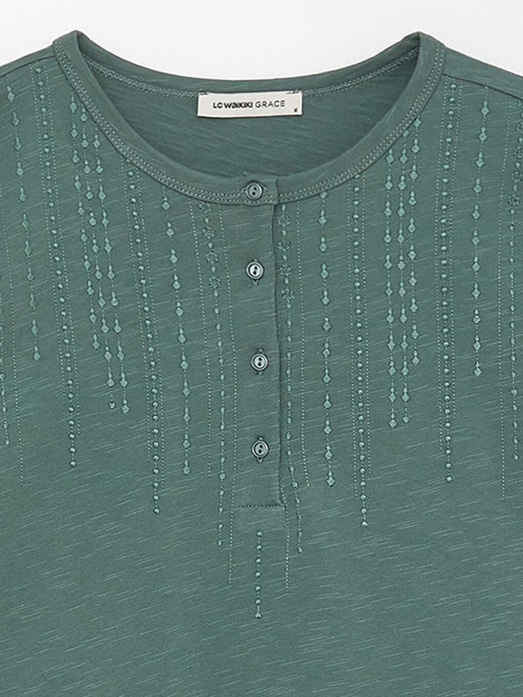 Yeşil Kadın Bisiklet Yaka Nakışlı Uzun Kollu Bluz-7