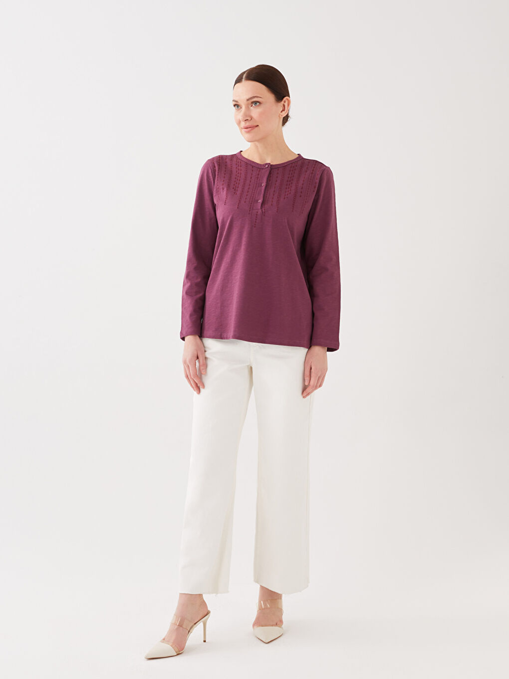 Mürdüm Kadın Bisiklet Yaka Nakışlı Uzun Kollu Bluz-1