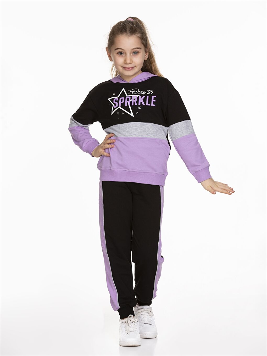 Lila Kapüşonlu Baskılı Uzun Kollu Kız Çocuk Sweatshirt ve Eşofman Altı