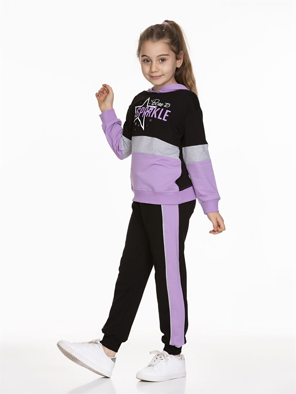 Lila Kapüşonlu Baskılı Uzun Kollu Kız Çocuk Sweatshirt ve Eşofman Altı-1