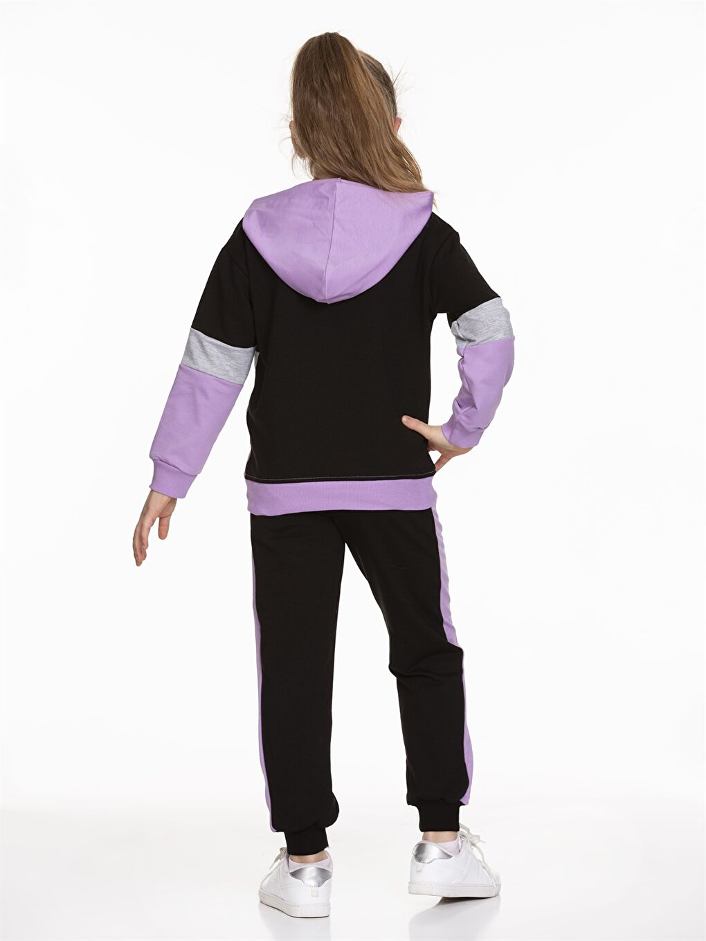 Lila Kapüşonlu Baskılı Uzun Kollu Kız Çocuk Sweatshirt ve Eşofman Altı-3