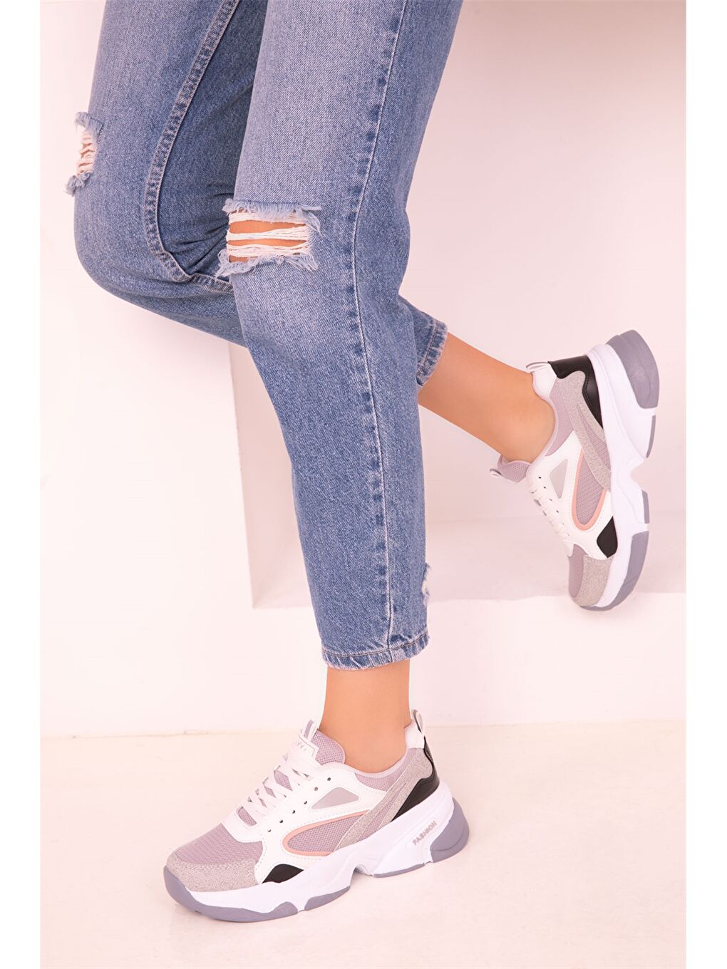Karışık Kalın Taban Bağcıklı Kadın Aktif Spor Ayakkabı-1