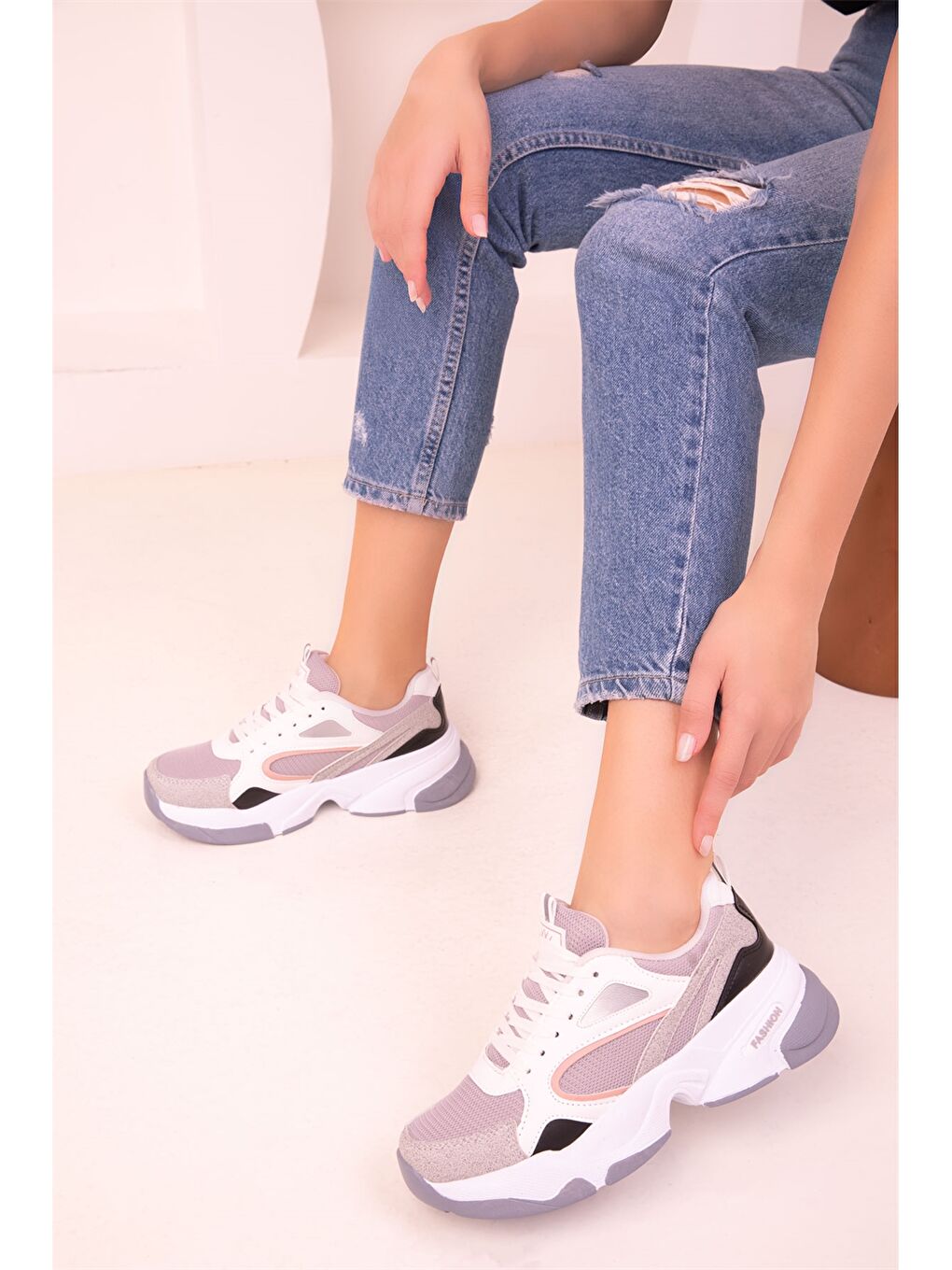 Karışık Kalın Taban Bağcıklı Kadın Aktif Spor Ayakkabı-3
