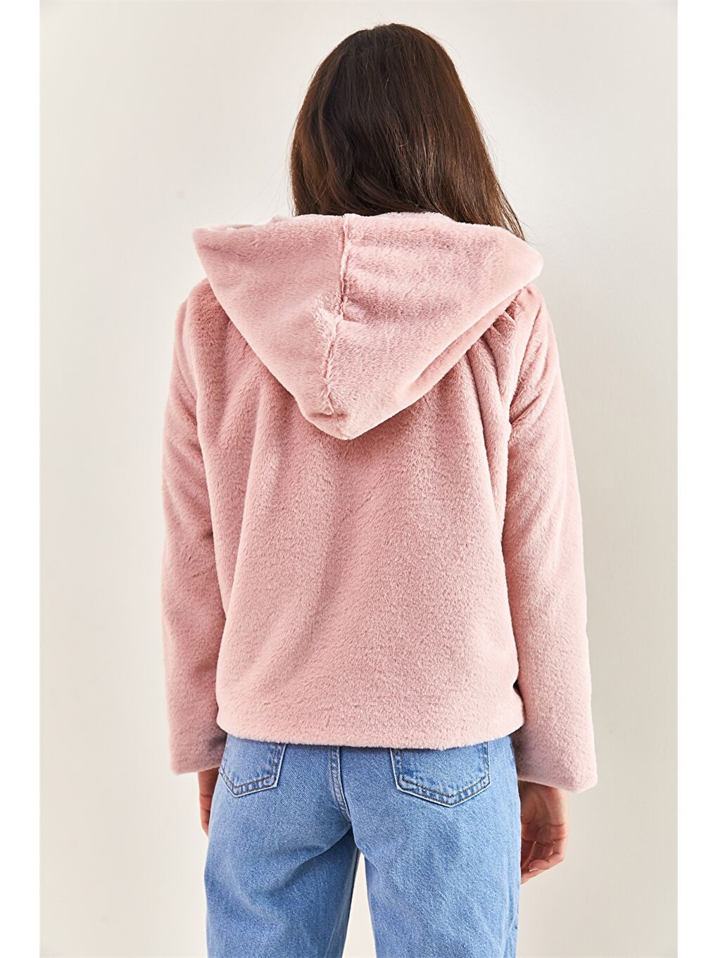 Pembe Kapüşonlu Pelüş Kadın Hırka-2