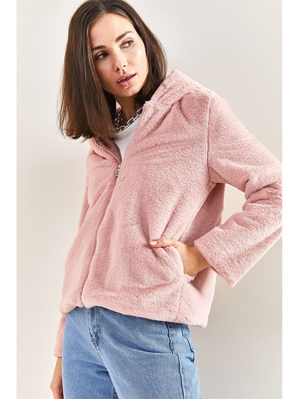 Pembe Kapüşonlu Pelüş Kadın Hırka-3