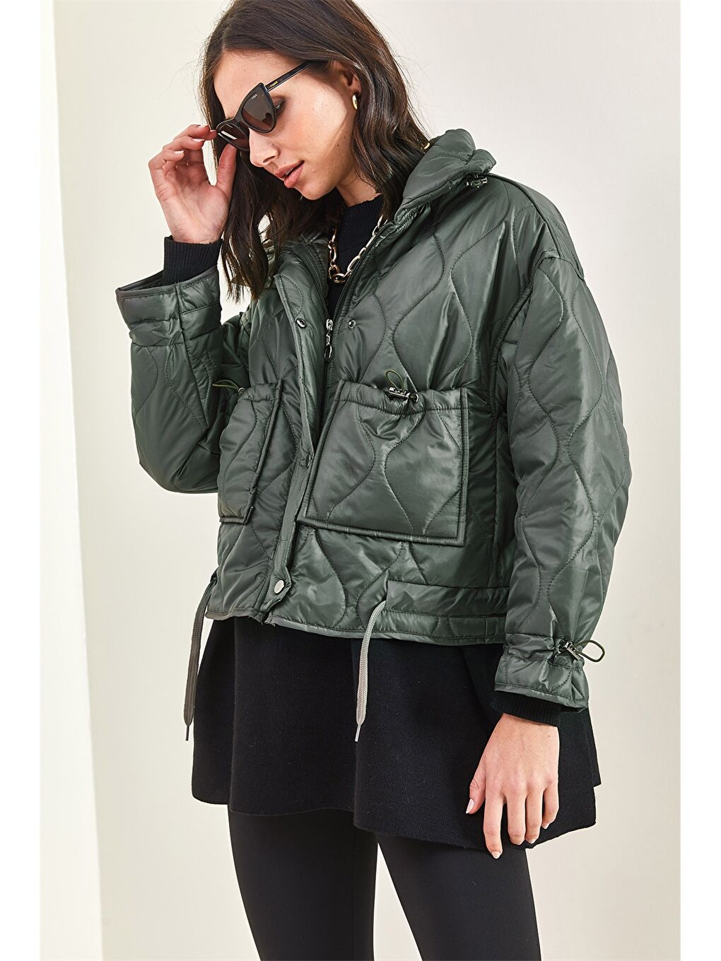 Haki Kendinden Desenli Kadın Mont-1