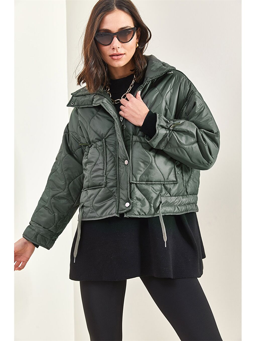 Haki Kendinden Desenli Kadın Mont-2