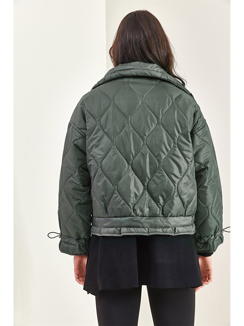 Haki Kendinden Desenli Kadın Mont-3