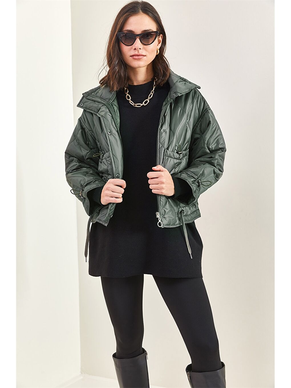 Haki Kendinden Desenli Kadın Mont-4