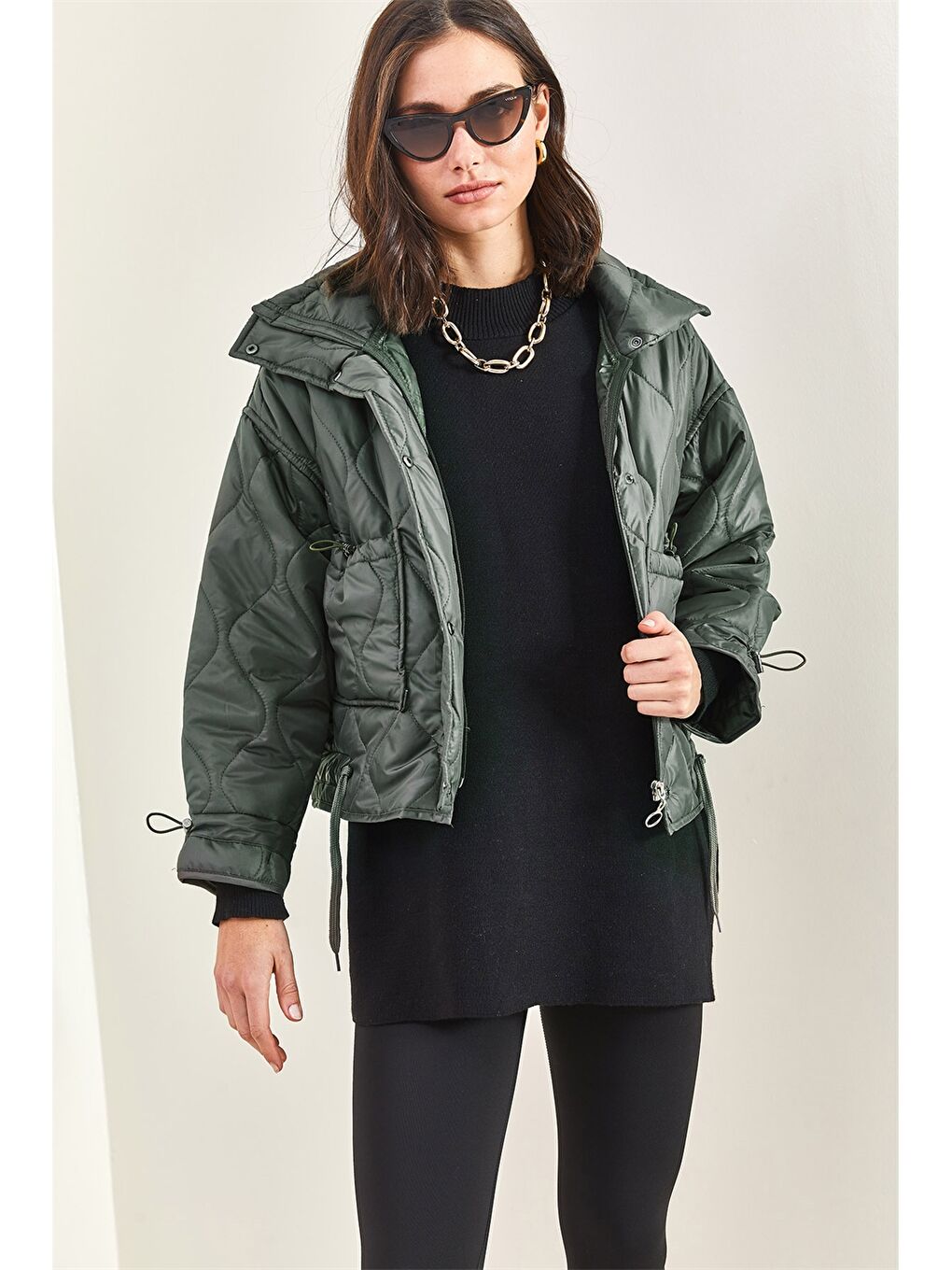 Haki Kendinden Desenli Kadın Mont-5