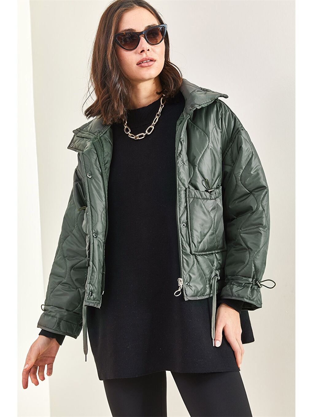 Haki Kendinden Desenli Kadın Mont-6