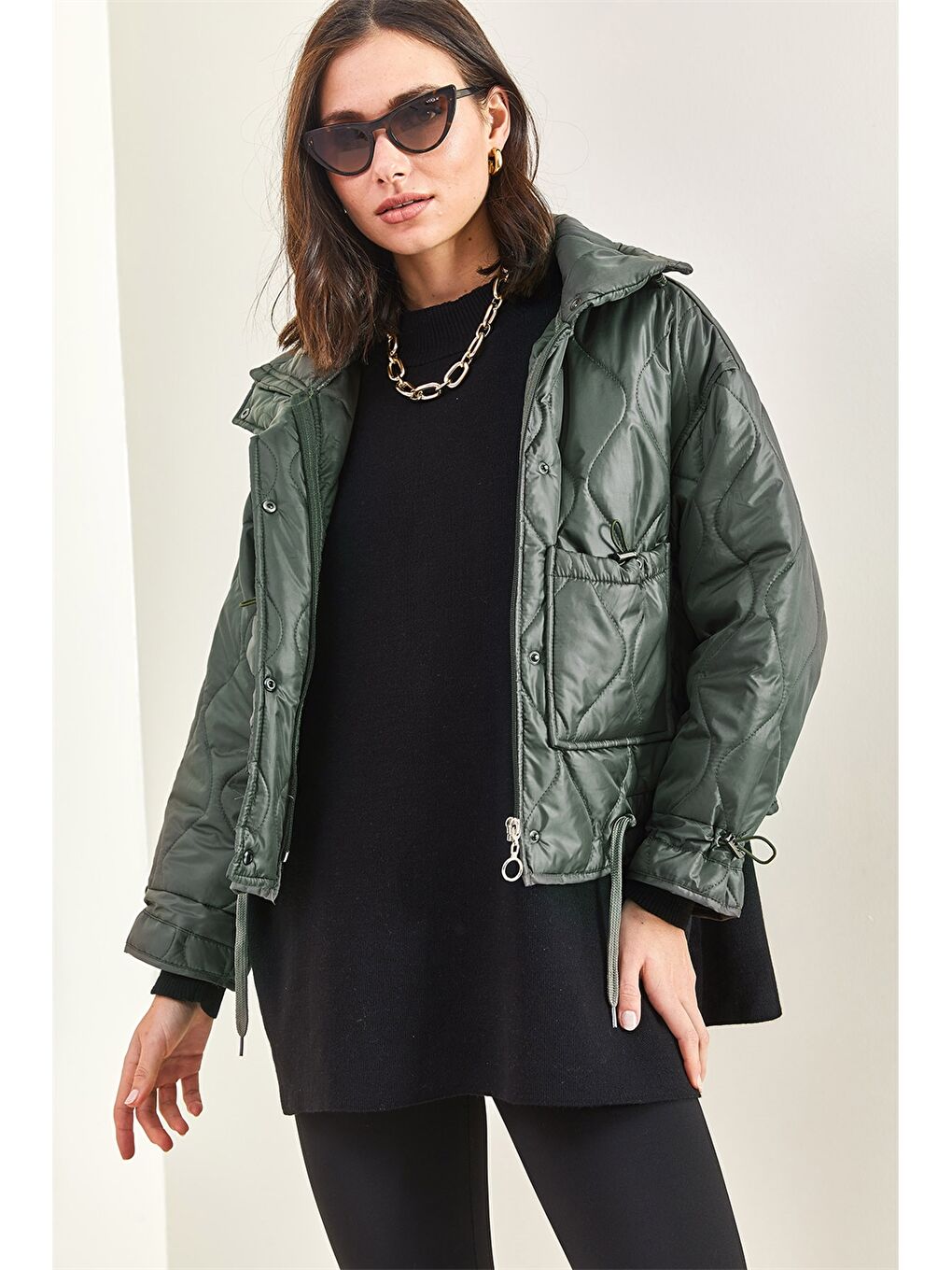 Haki Kendinden Desenli Kadın Mont-7