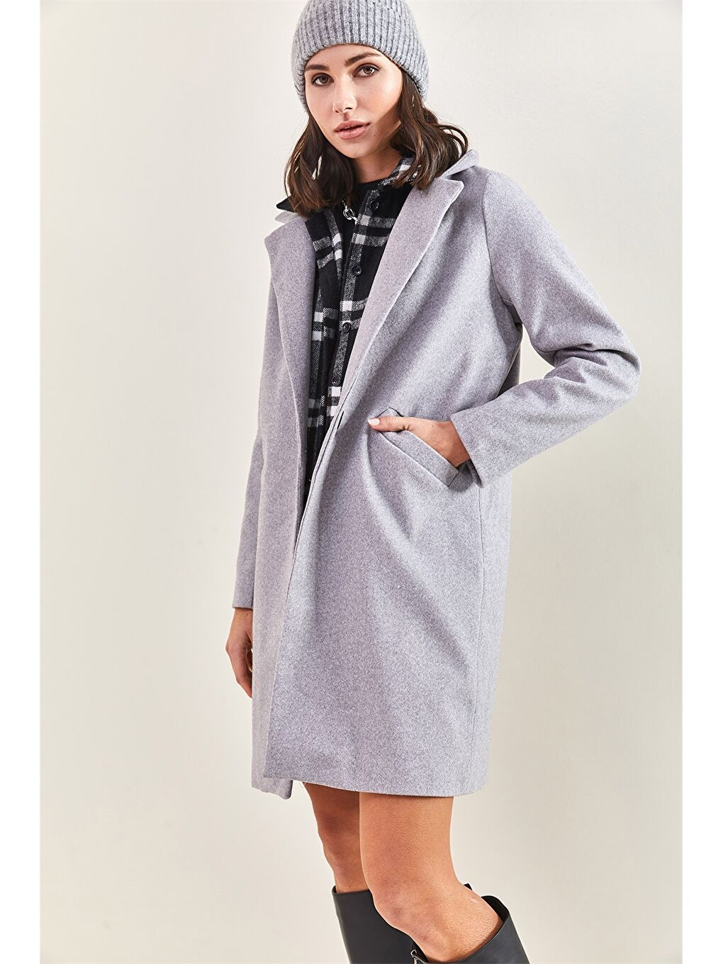 Gri Ceket Yaka Kadın Kaşe Kaban