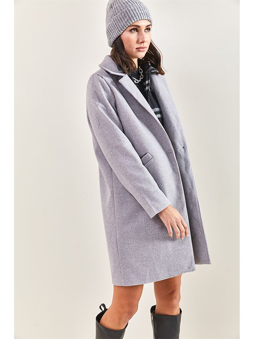 Gri Ceket Yaka Kadın Kaşe Kaban-1