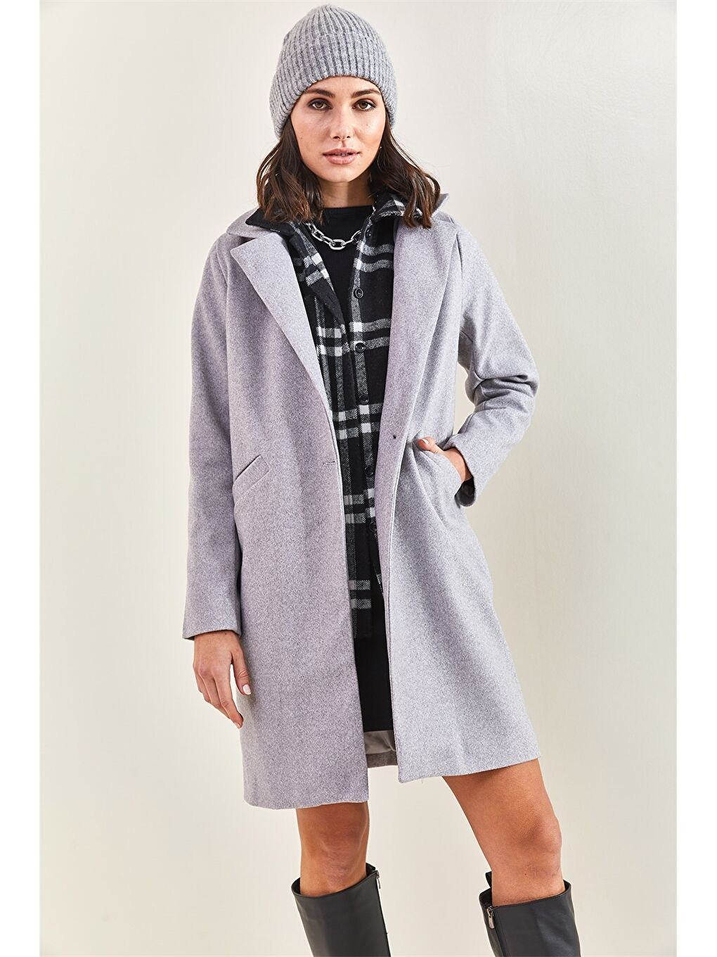 Gri Ceket Yaka Kadın Kaşe Kaban-2