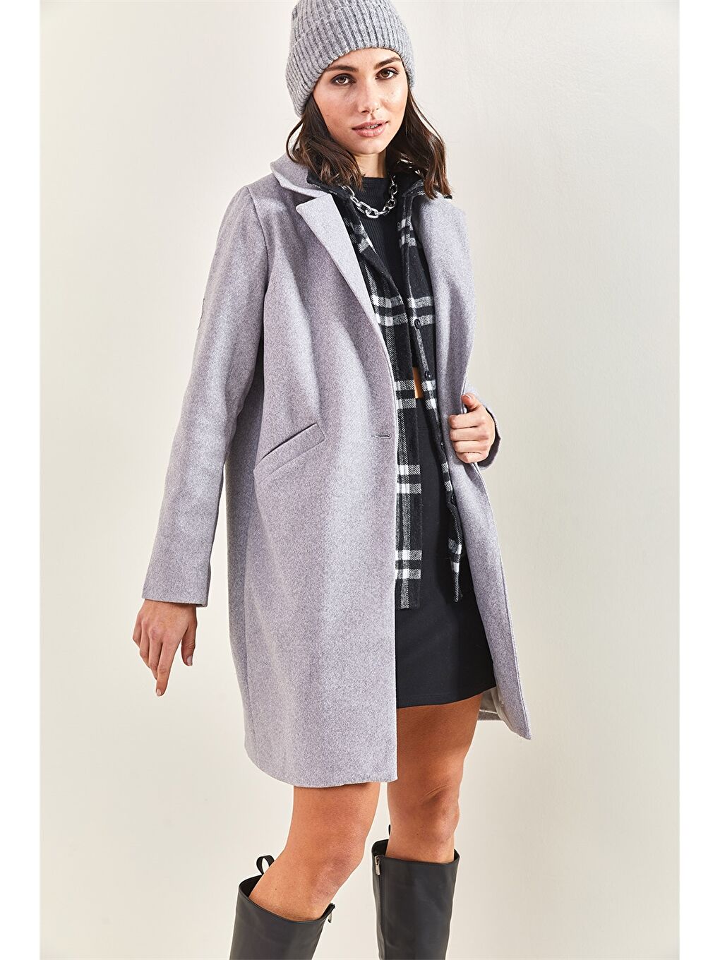 Gri Ceket Yaka Kadın Kaşe Kaban-3