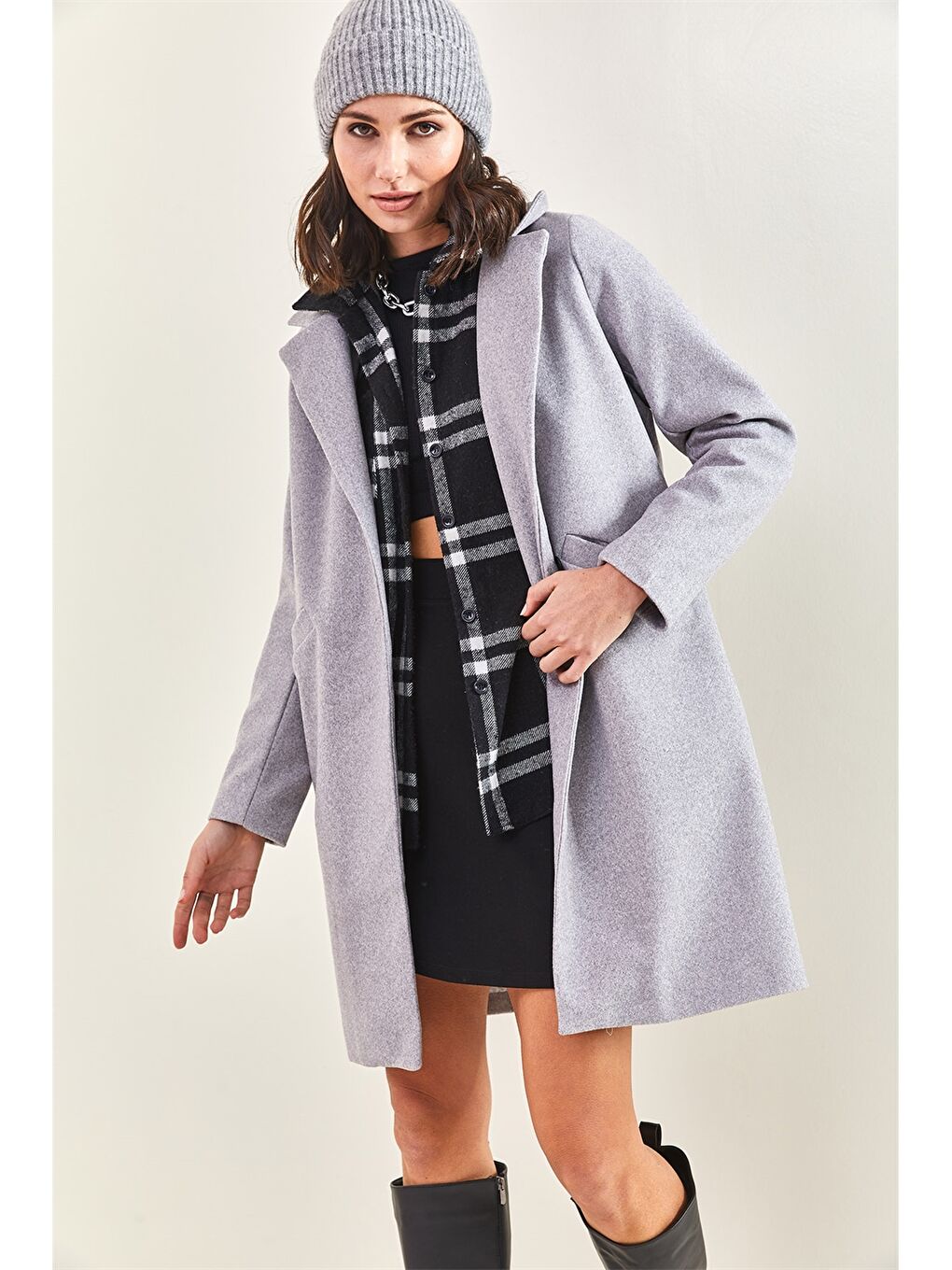 Gri Ceket Yaka Kadın Kaşe Kaban-4