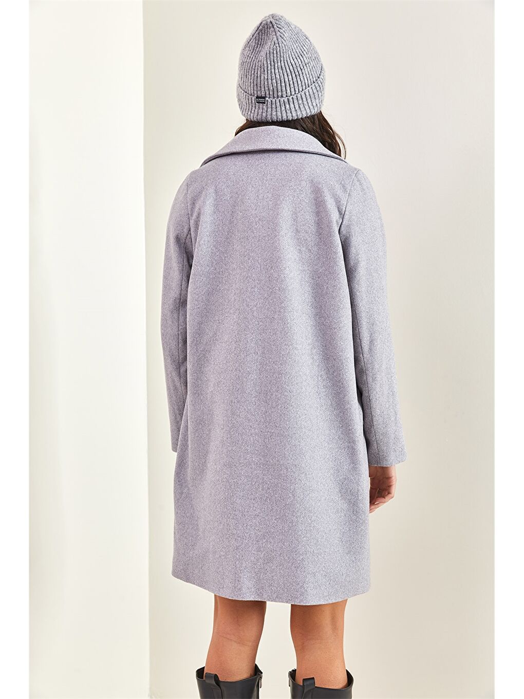 Gri Ceket Yaka Kadın Kaşe Kaban-5