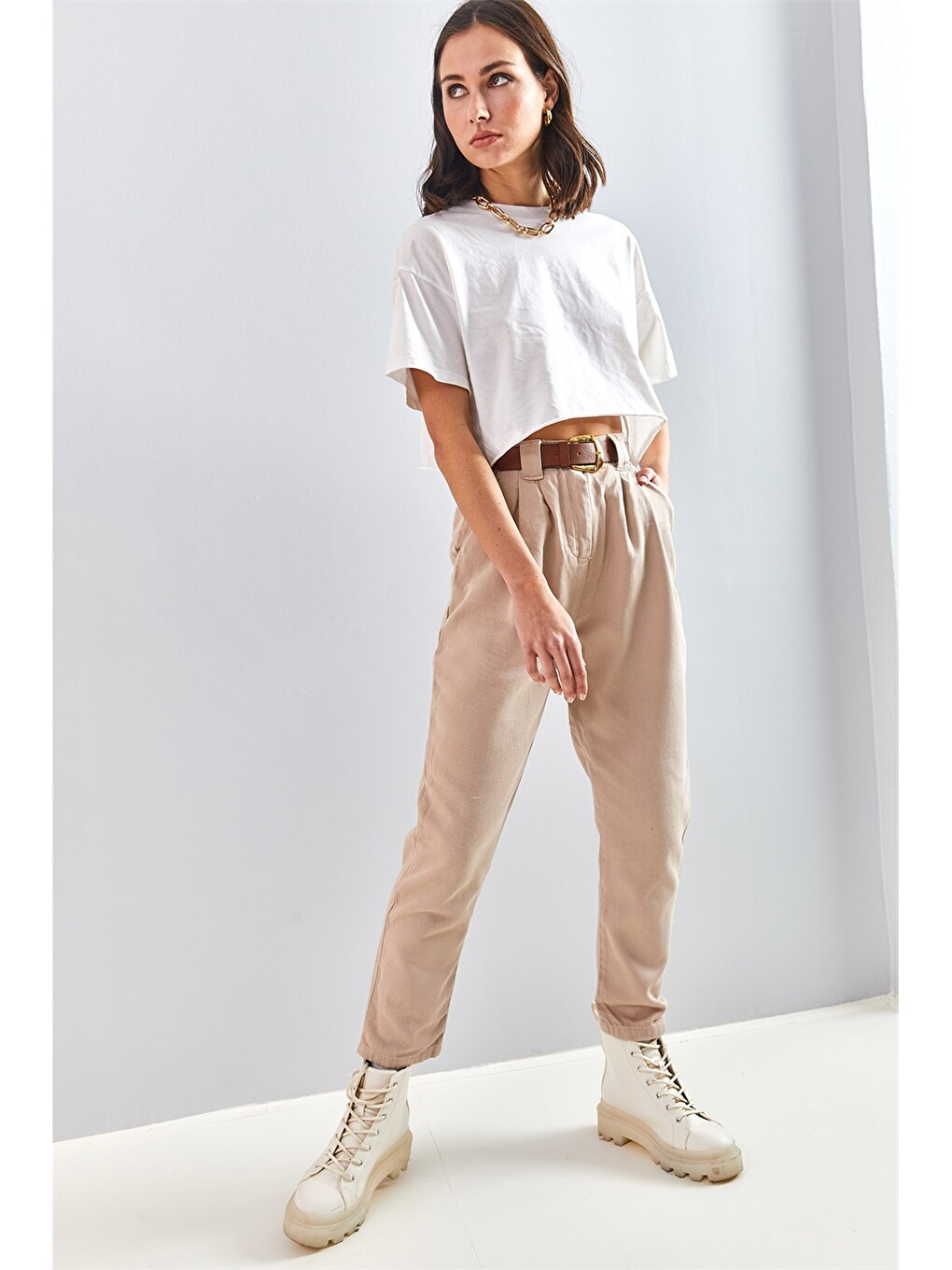 Bej Gabardin Kadın Pantolon-1