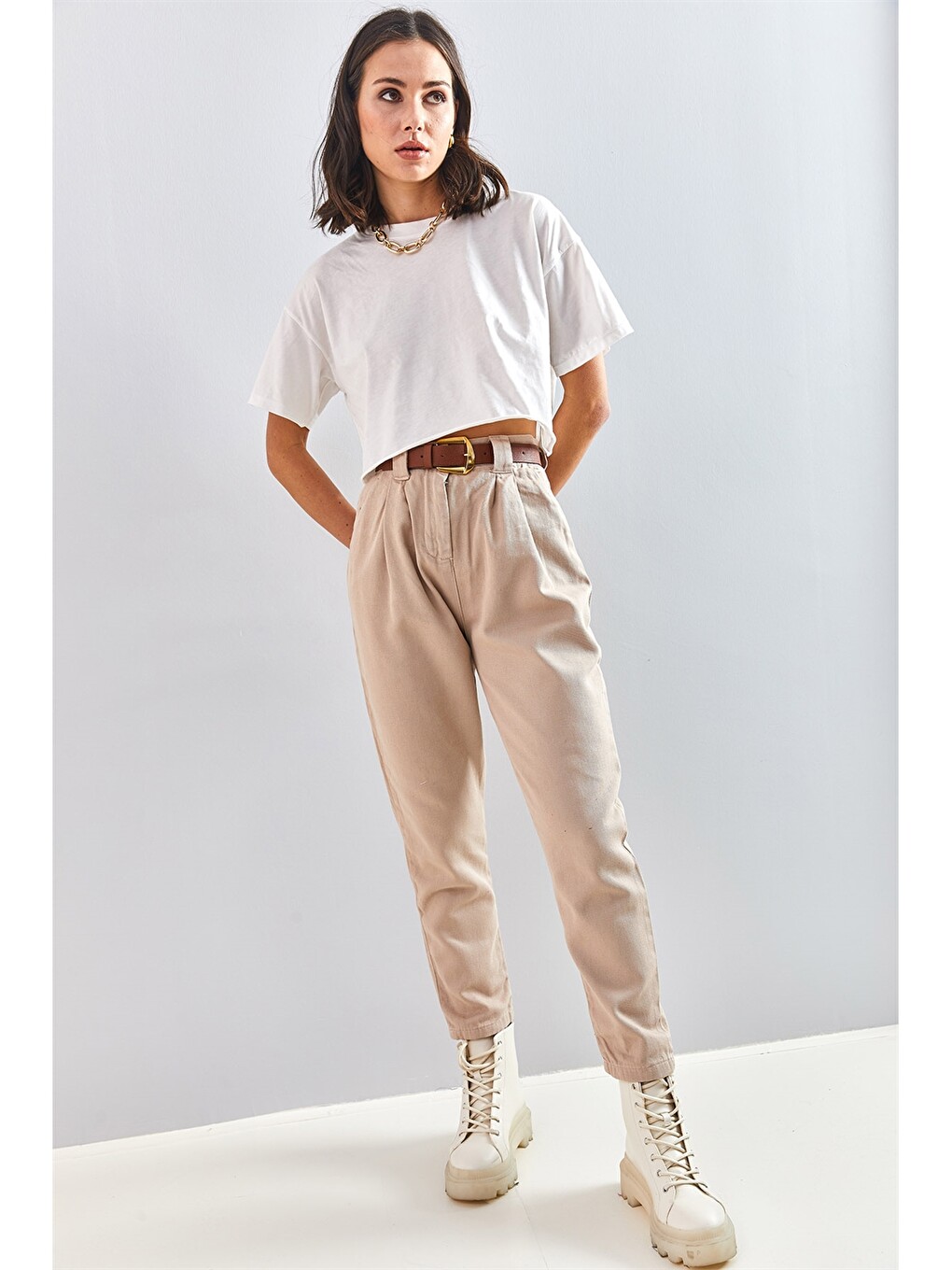 Bej Gabardin Kadın Pantolon-3