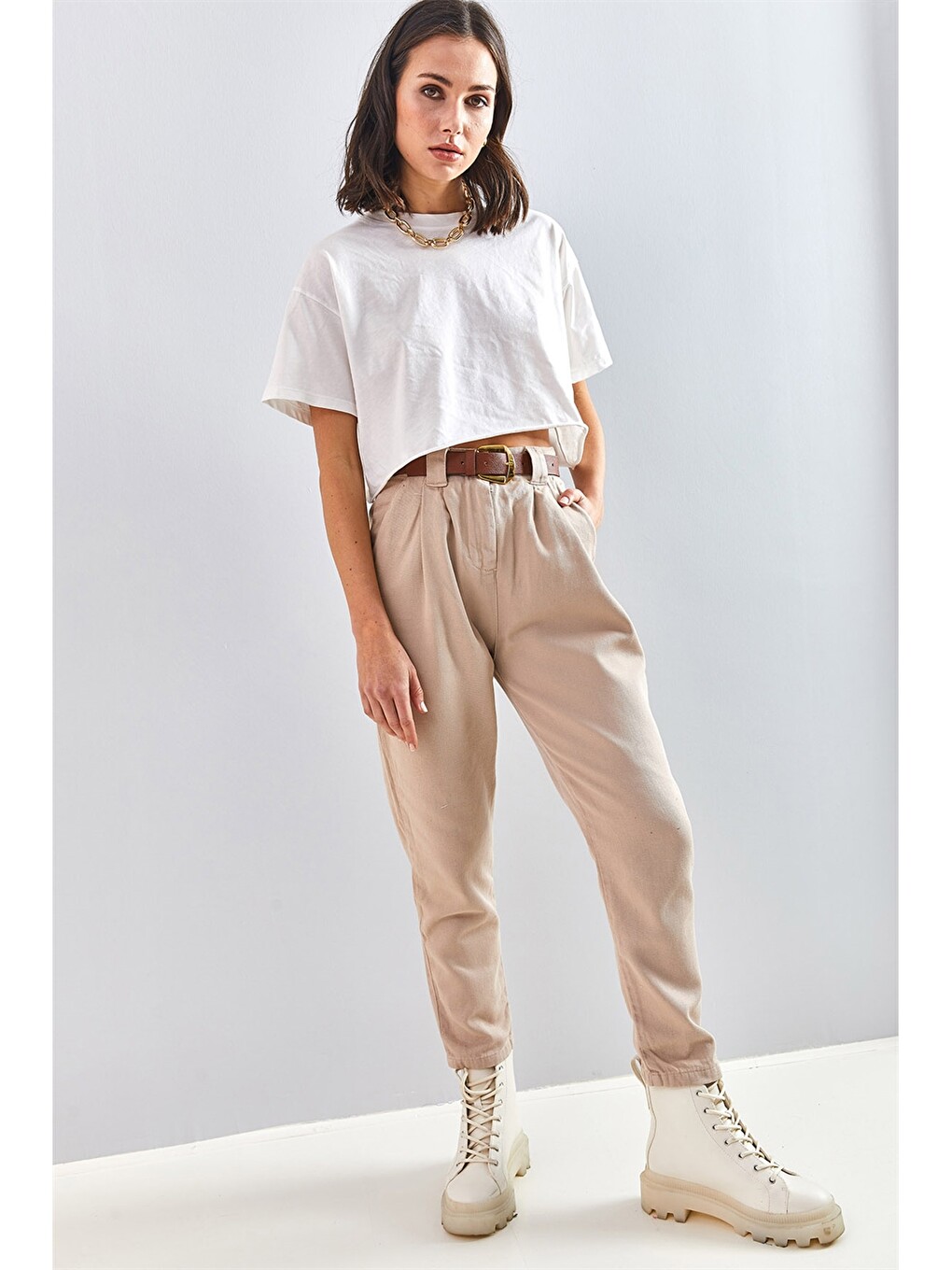 Bej Gabardin Kadın Pantolon-4