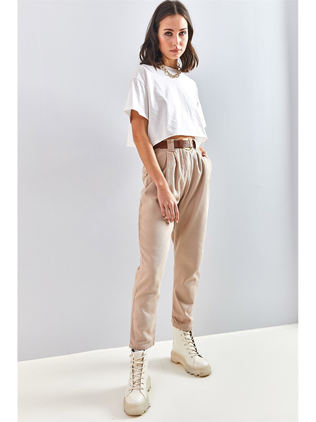 Bej Gabardin Kadın Pantolon-5