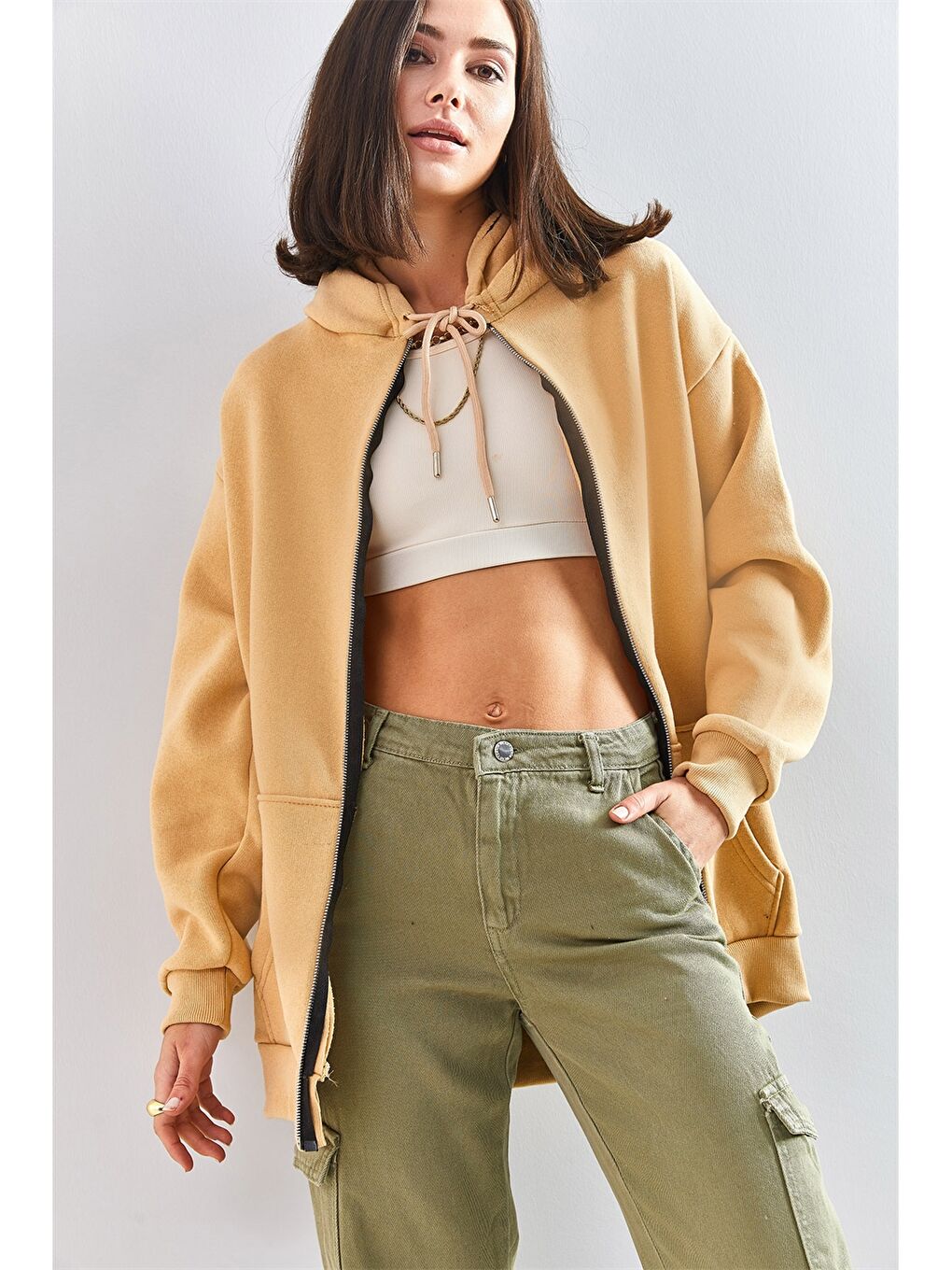 Bej Kapüşonlu Düz Uzun Kollu Kadın Spor Hırka