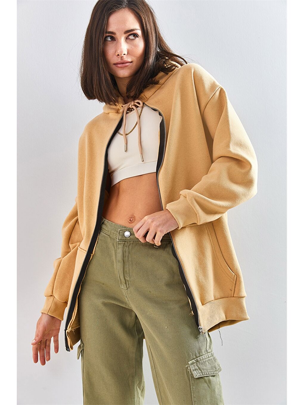 Bej Kapüşonlu Düz Uzun Kollu Kadın Spor Hırka-2