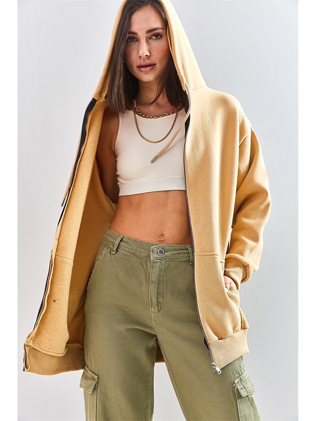 Bej Kapüşonlu Düz Uzun Kollu Kadın Spor Hırka-3