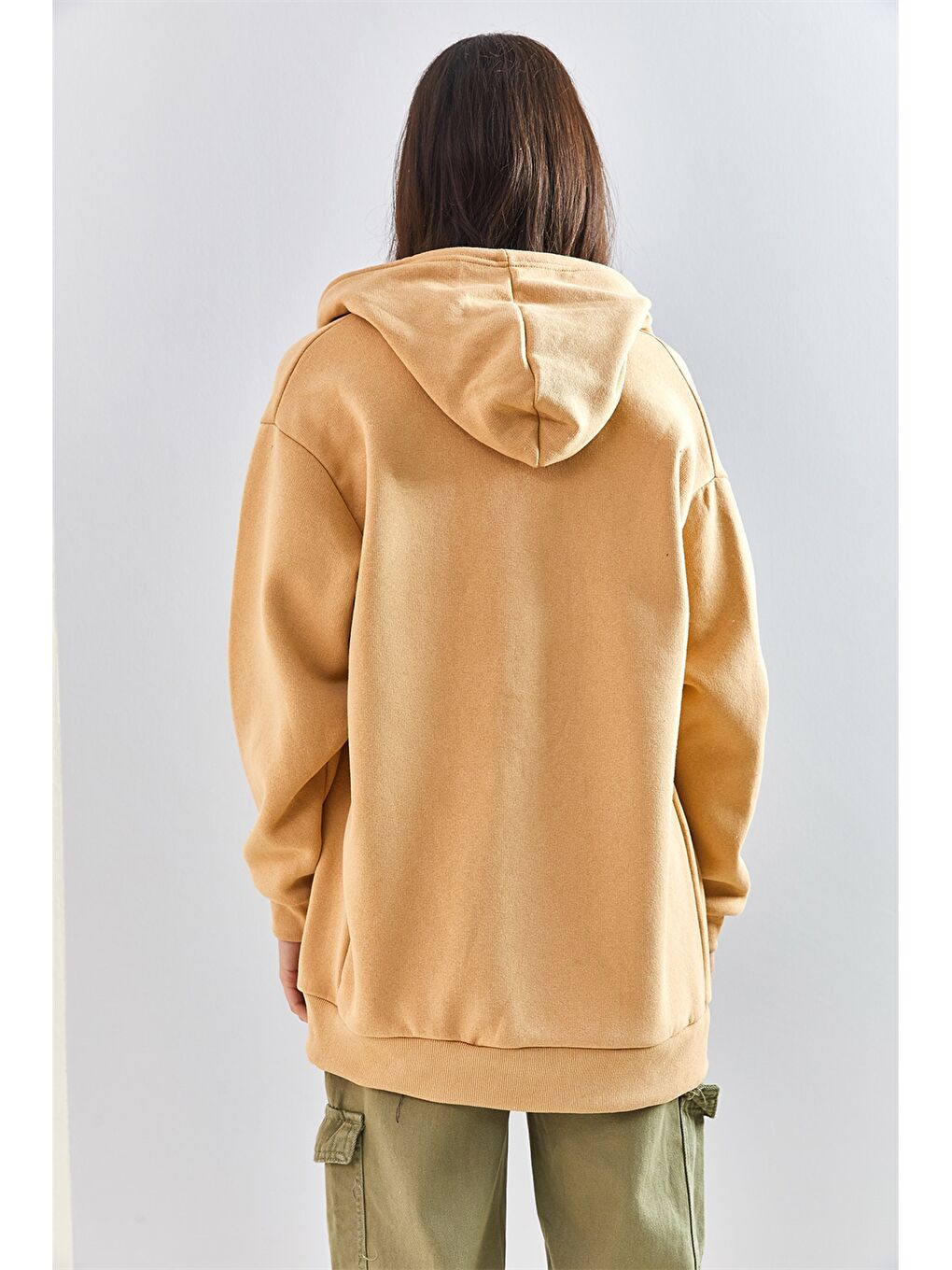Bej Kapüşonlu Düz Uzun Kollu Kadın Spor Hırka-4