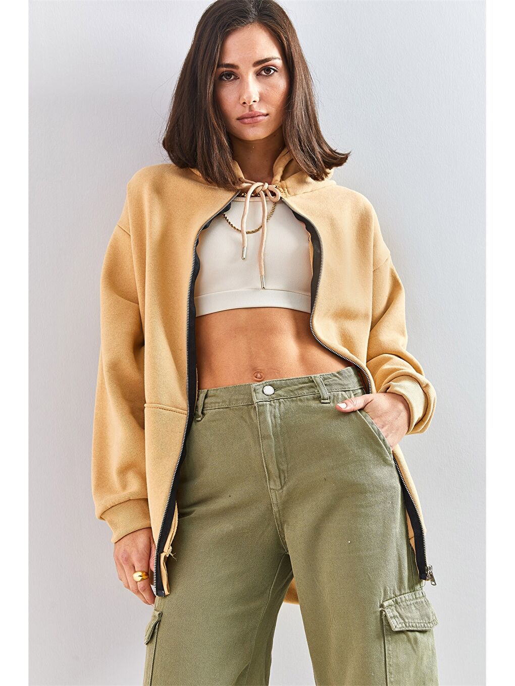 Bej Kapüşonlu Düz Uzun Kollu Kadın Spor Hırka-5