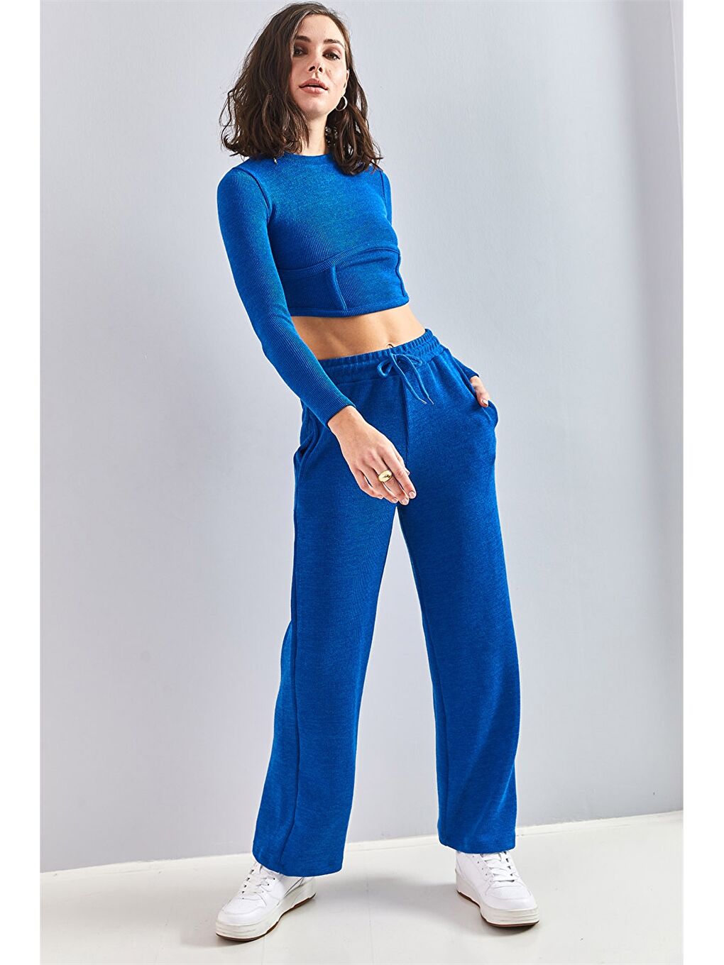 Mavi Bisiklet Yaka Düz Uzun Kollu Kadın Eşofman Takımı