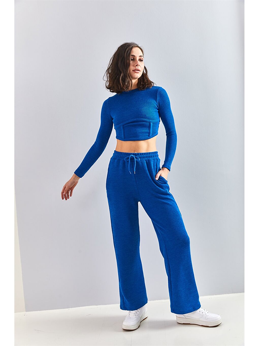 Mavi Bisiklet Yaka Düz Uzun Kollu Kadın Eşofman Takımı-1