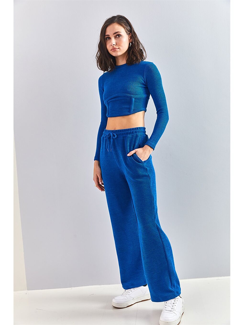 Mavi Bisiklet Yaka Düz Uzun Kollu Kadın Eşofman Takımı-4