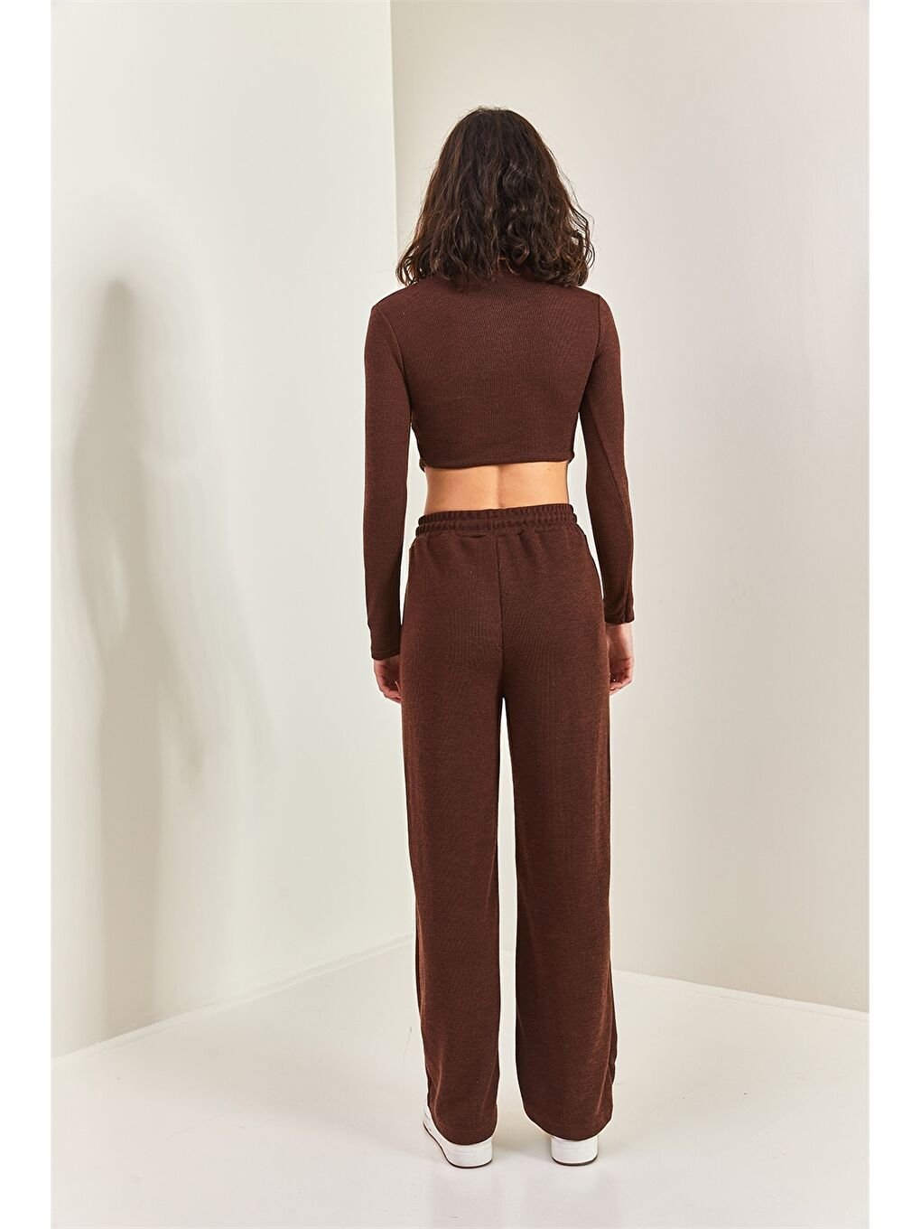 Kahverengi Bisiklet Yaka Düz Uzun Kollu Kadın Eşofman Takımı-3