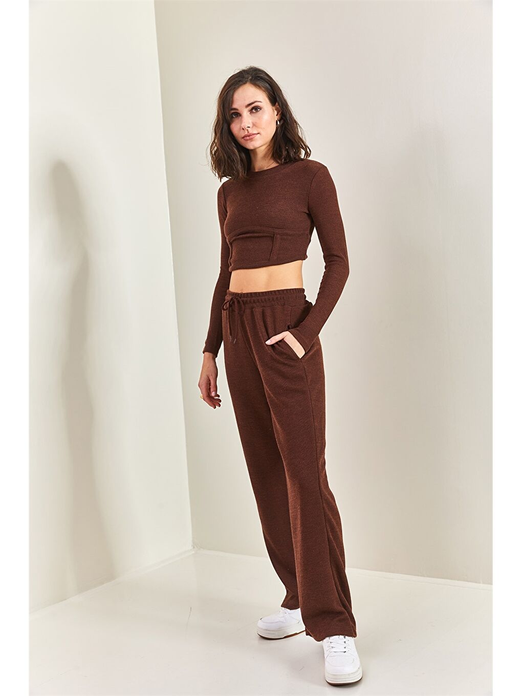 Kahverengi Bisiklet Yaka Düz Uzun Kollu Kadın Eşofman Takımı-4