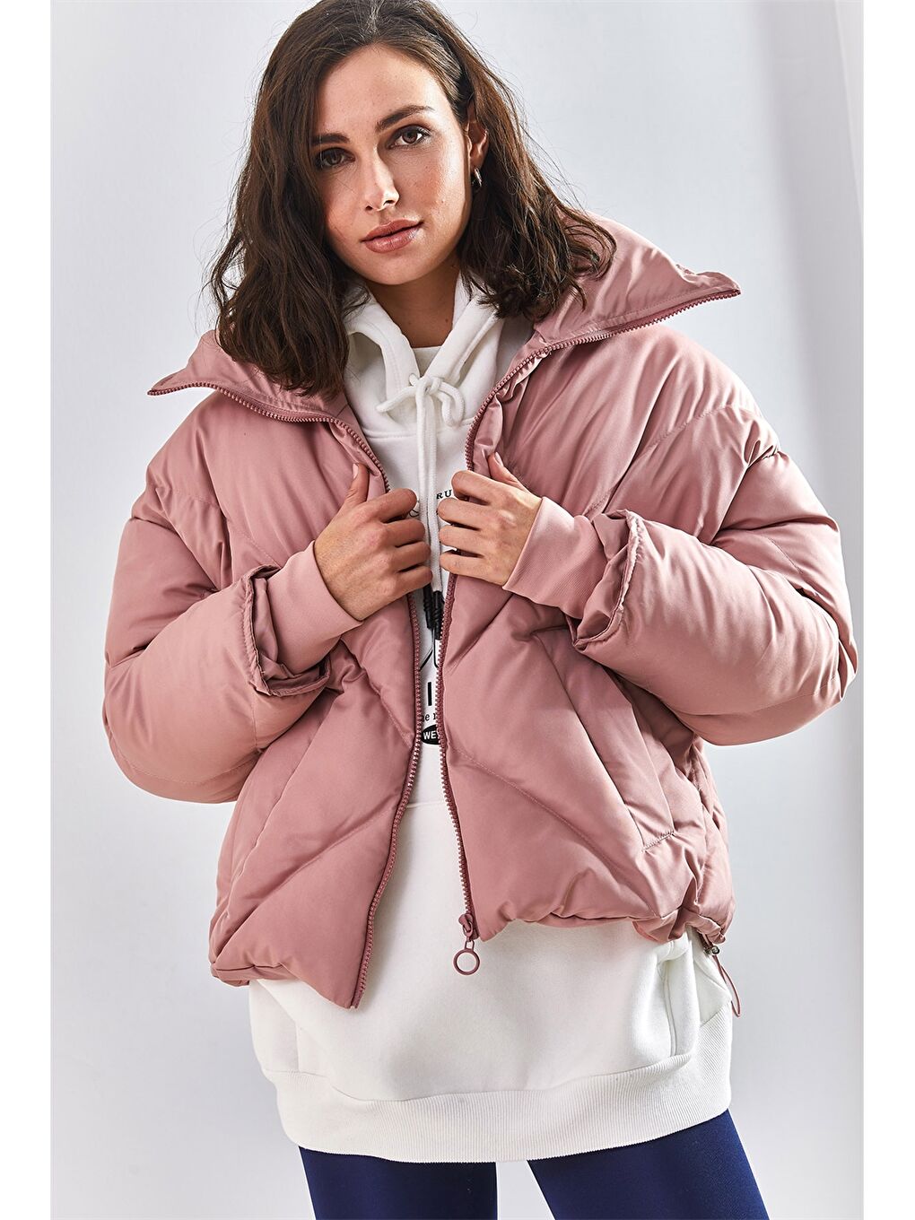 Pembe Uzun Kollu Kadın Şişme Mont-1