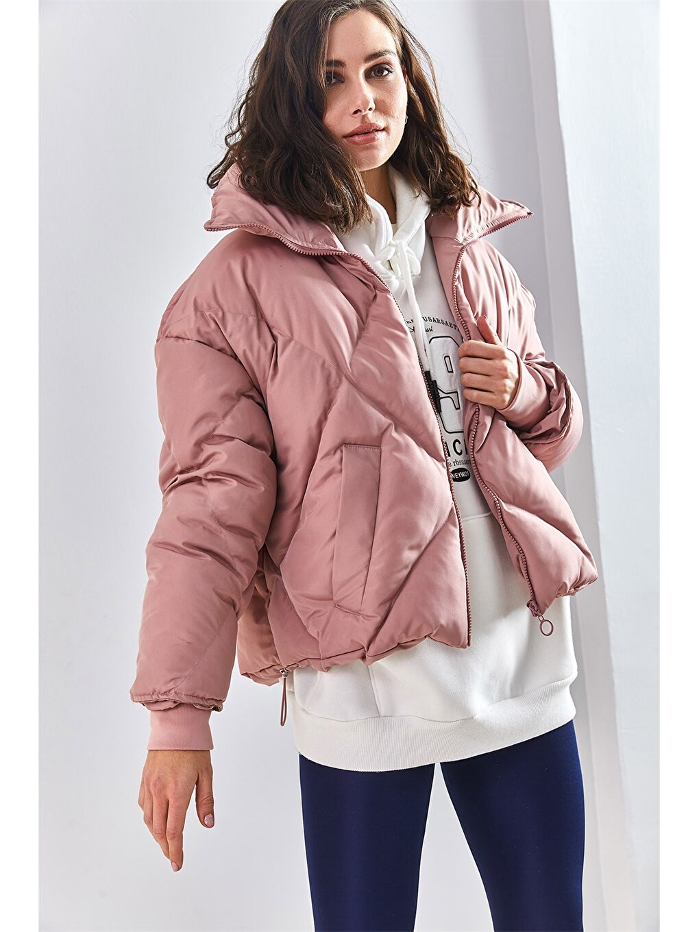 Pembe Uzun Kollu Kadın Şişme Mont-2