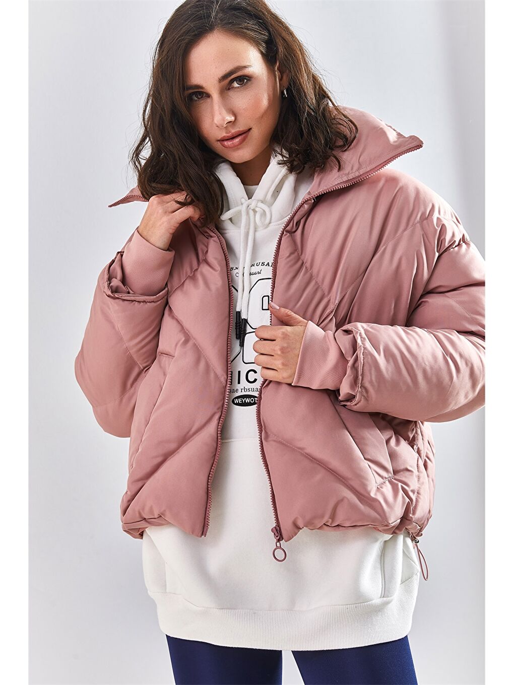 Pembe Uzun Kollu Kadın Şişme Mont-3