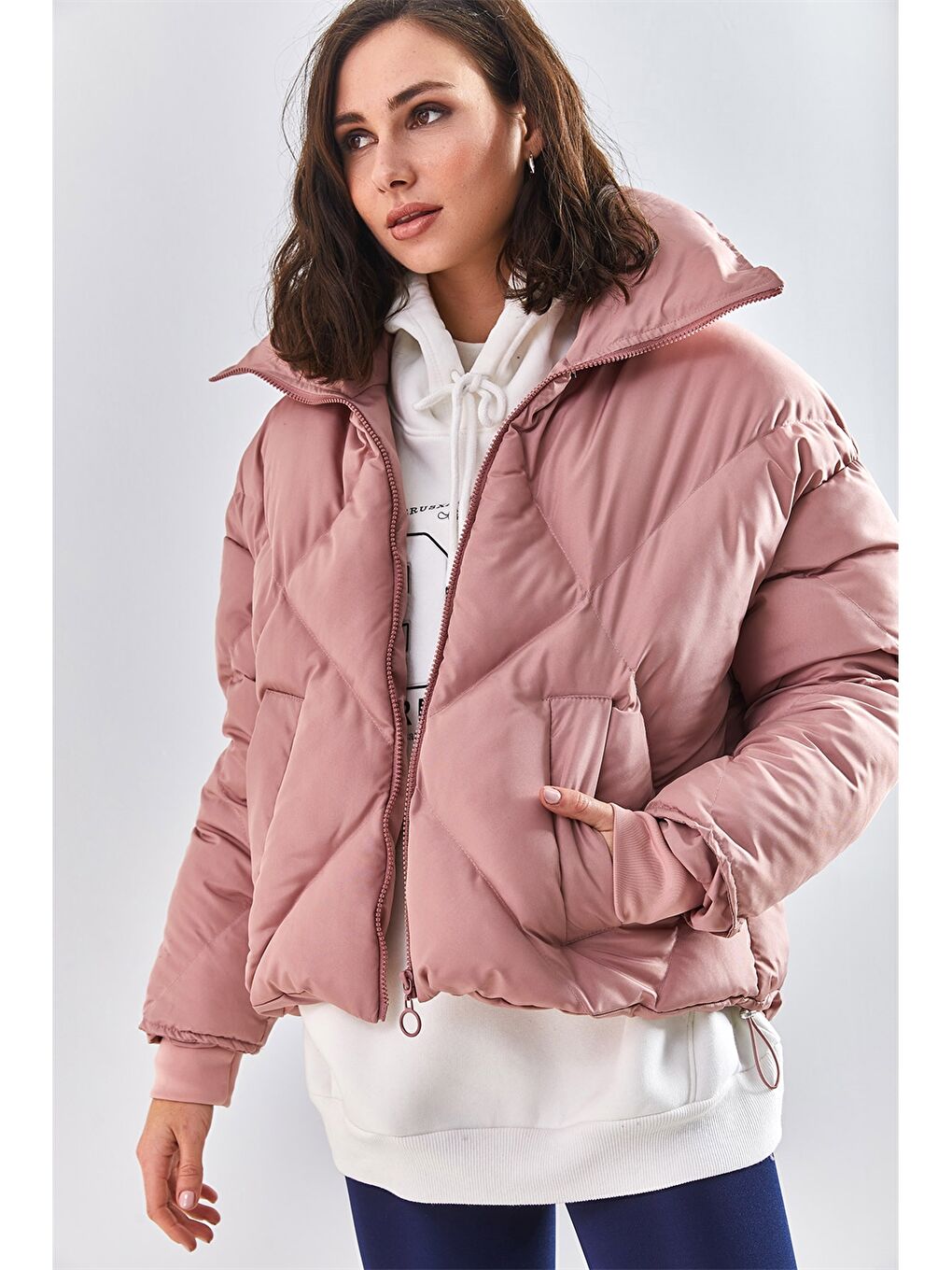 Pembe Uzun Kollu Kadın Şişme Mont-5