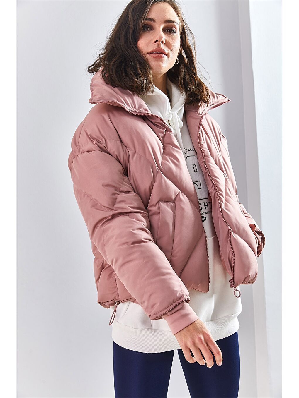 Pembe Uzun Kollu Kadın Şişme Mont-6